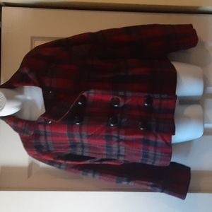 RELATIVITY RED PLAID PEA COAT, WOOL BLEND, SIZE  LARGE
